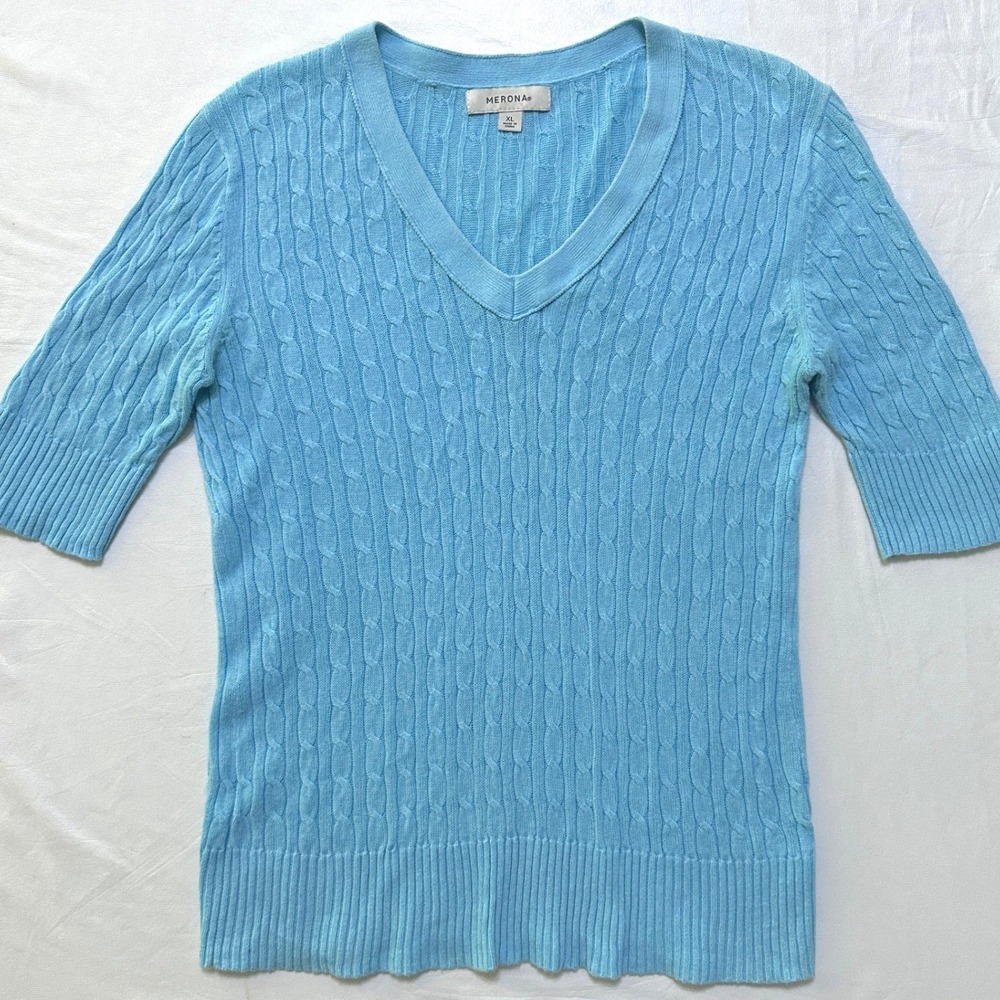 Cable Knit Short Sleeve V-Neck Sweater XL Blue Coastal Preppy 90s Minimalist Y2K